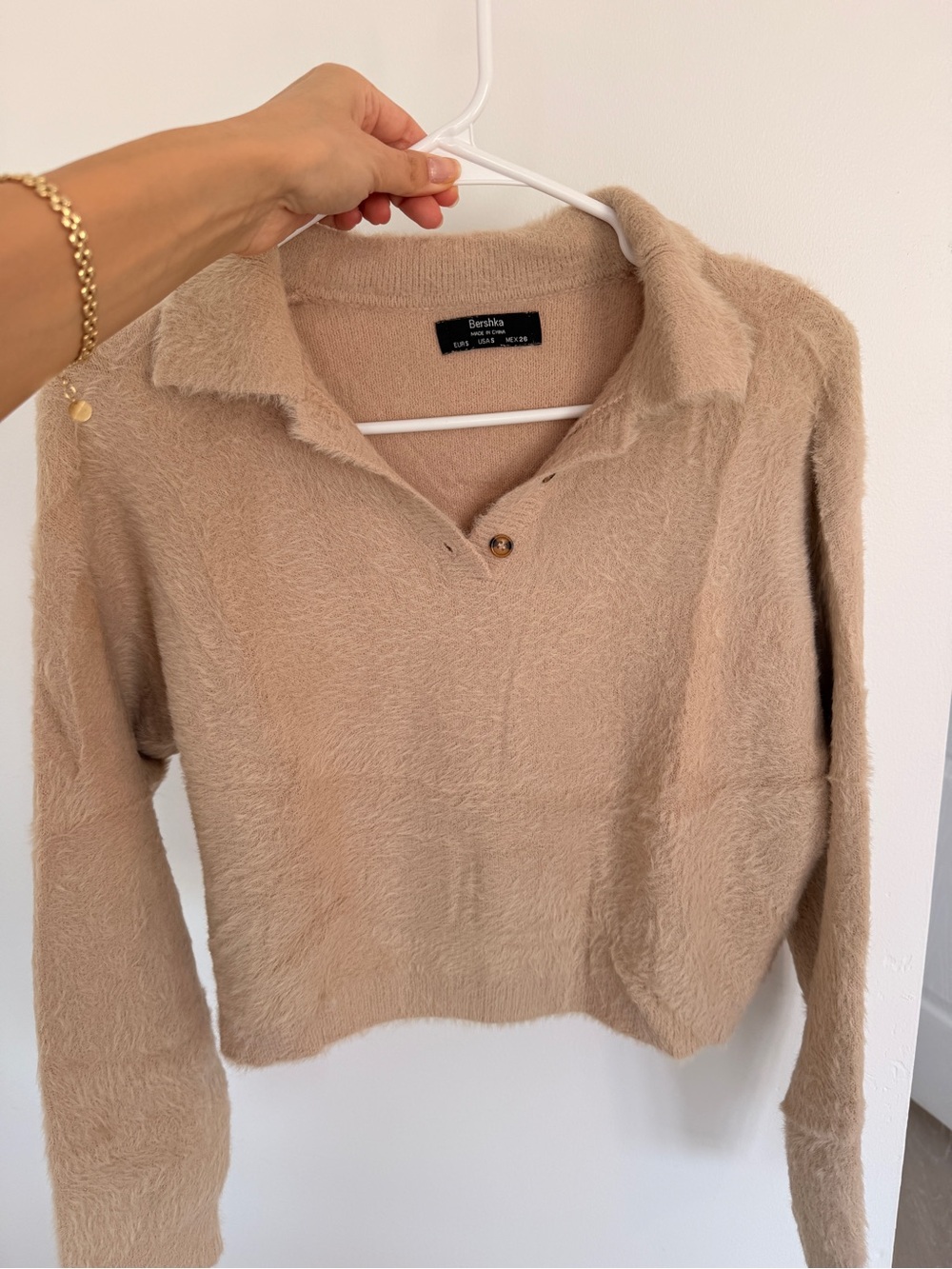 Bershka Soft Taupe Fuzzy Polo Sweater